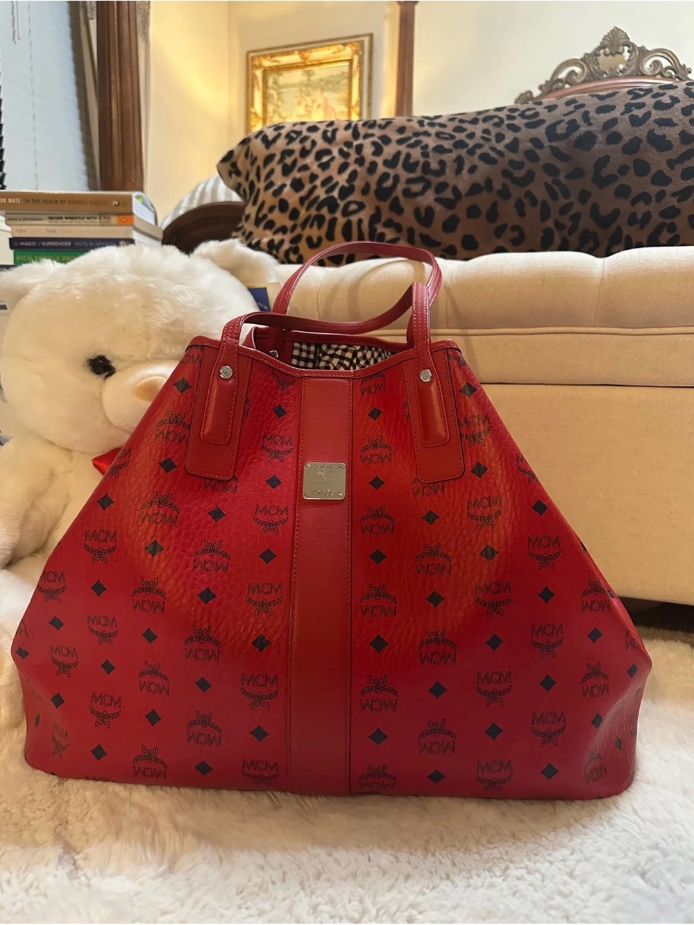 MCM Red Logo Pattern Leather Reversible Tote with Pouch